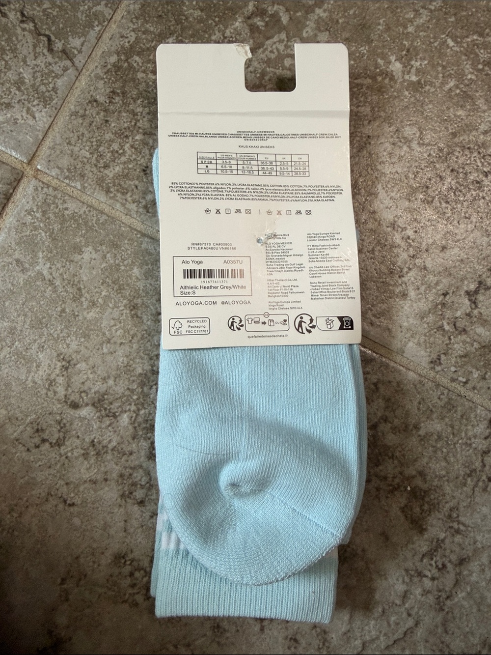ALO Yoga Light Blue Ribbed Crew Socks with White Accents - Picture 2 of 2
